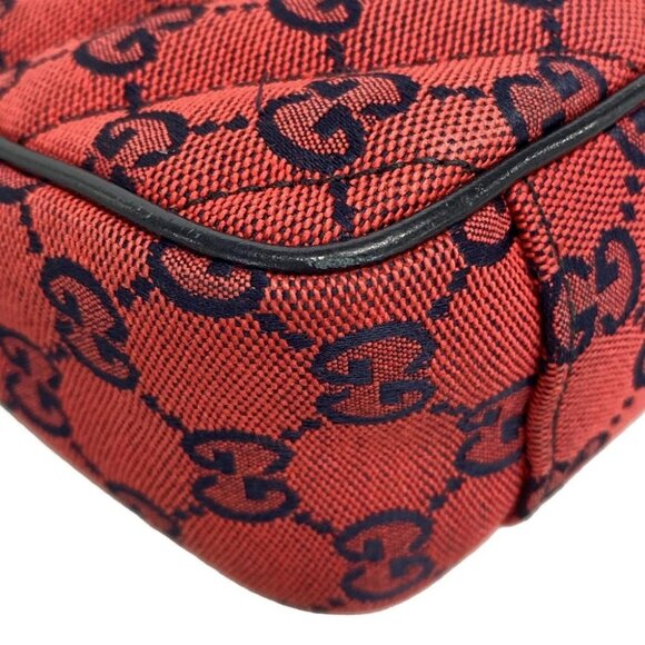 Auth GUCCI GG Marmont Quilting Small Shoulder Bag Red Navy Jacquard - Picture 9 of 14